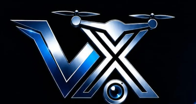 Emblema da VisionX Solutions: as letras V e X formando um drone com uma câmera